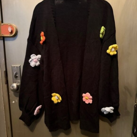 Retro Boho Floral Patched Drop Shoulder Open front Sweater Cardigan - NWOT - Picture 3 of 16